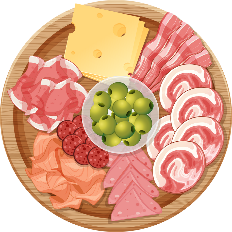 Platter of various cold meats and cheese isolated on white b
