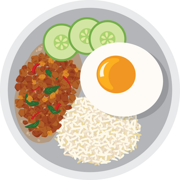 Fried basil with fried egg and rice thai food.